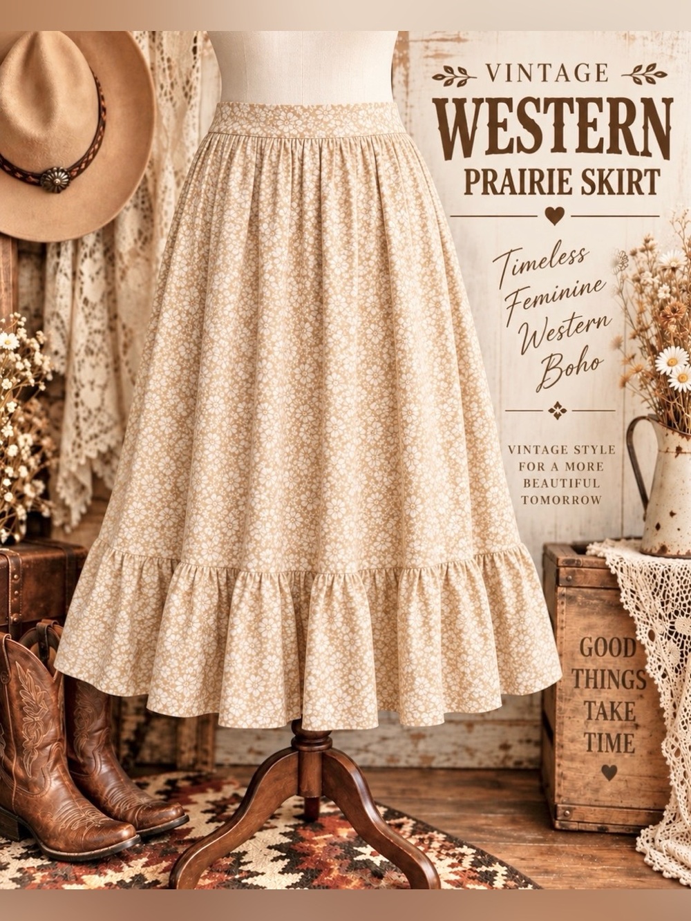 *Vintage 70’s - handmade -calico light tan, prairie /western skirt - 30” waist